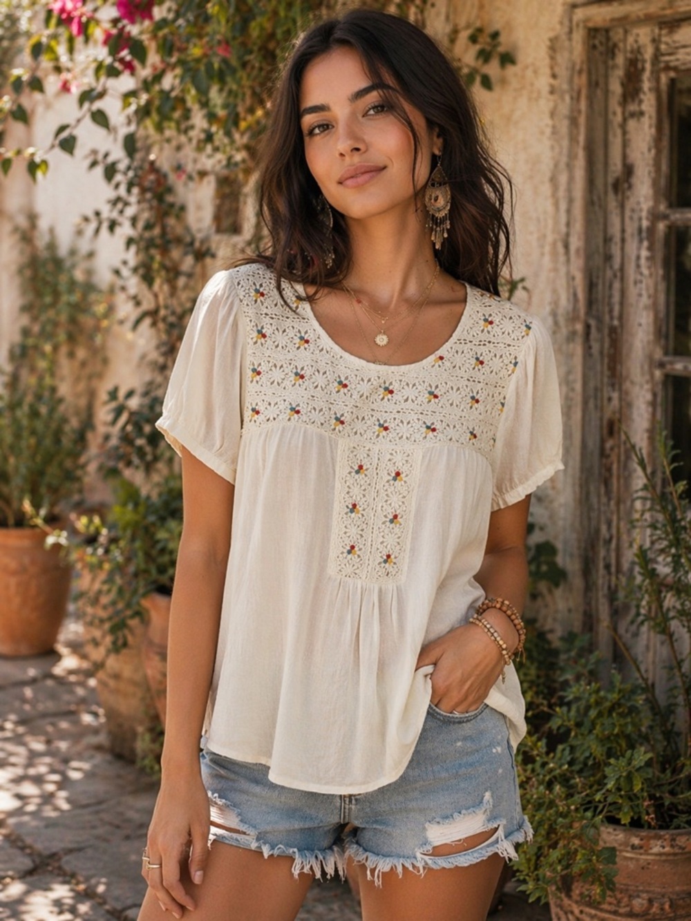 Women's Comme Toi Short Sleeve Tee M Off-White Multicolor Embroidered Top Boho